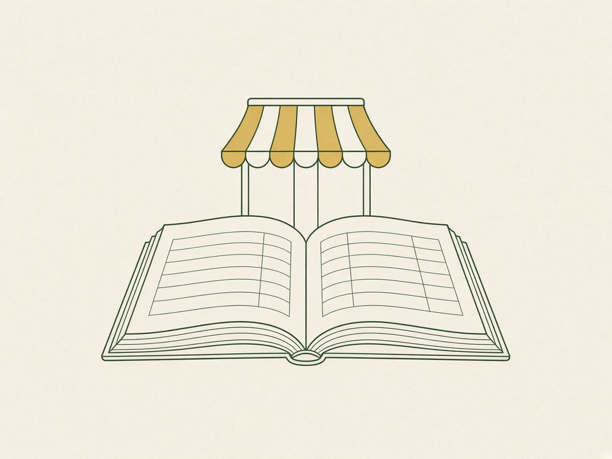 Line drawing of a ledger book with a small storefront.