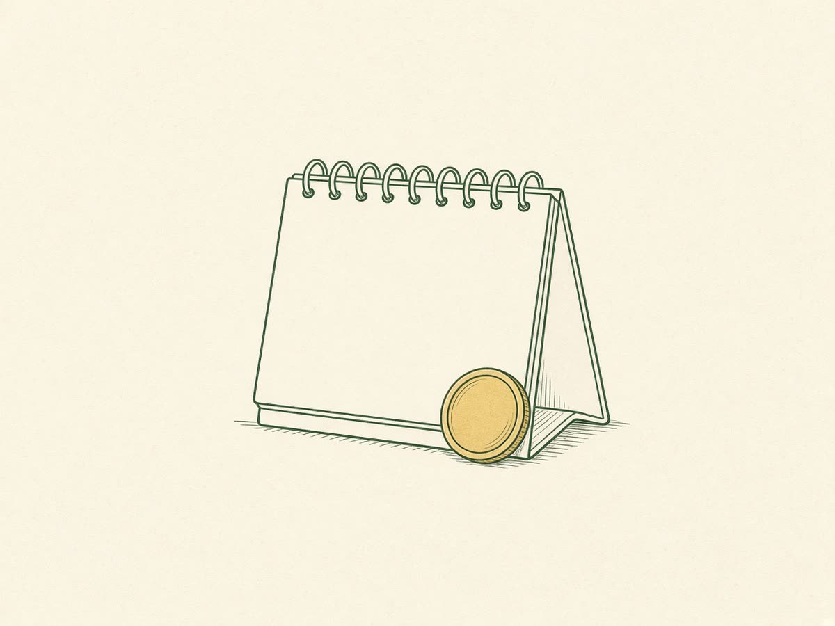 Line drawing of a calendar with a coin above it.