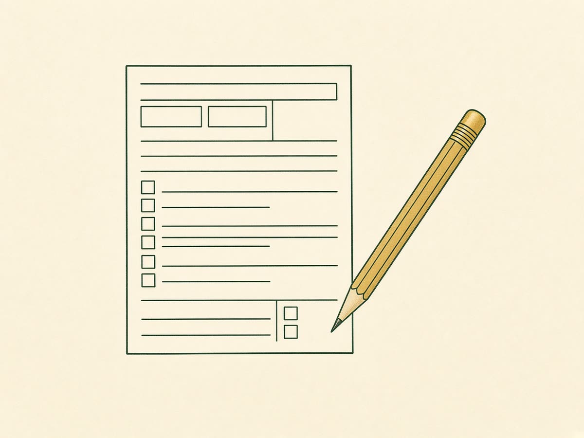 Line drawing of a tax form with a pencil beside it.