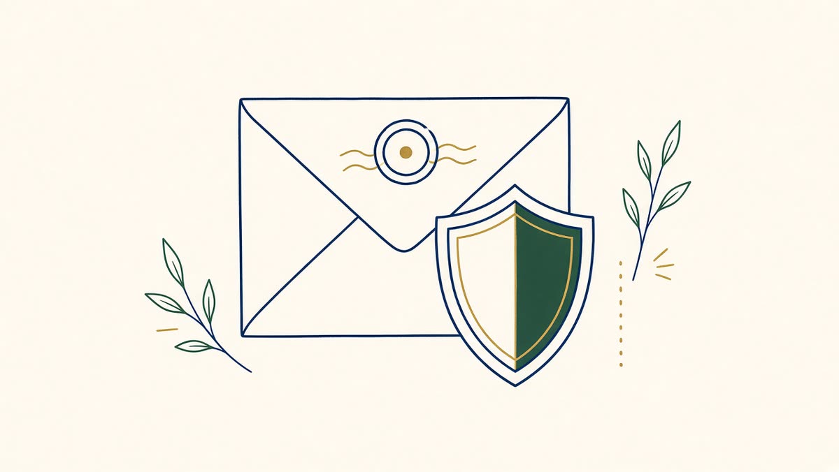 Line drawing of an official letter with a shield in front of it.