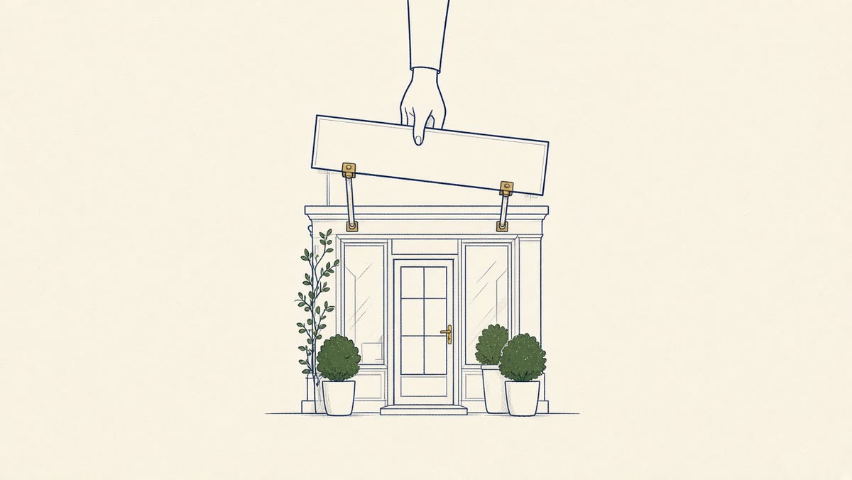 Line drawing of a storefront with a fresh sign being hung.