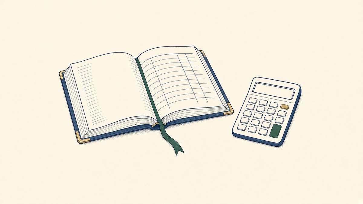 Line drawing of a ledger book with a calculator beside it.