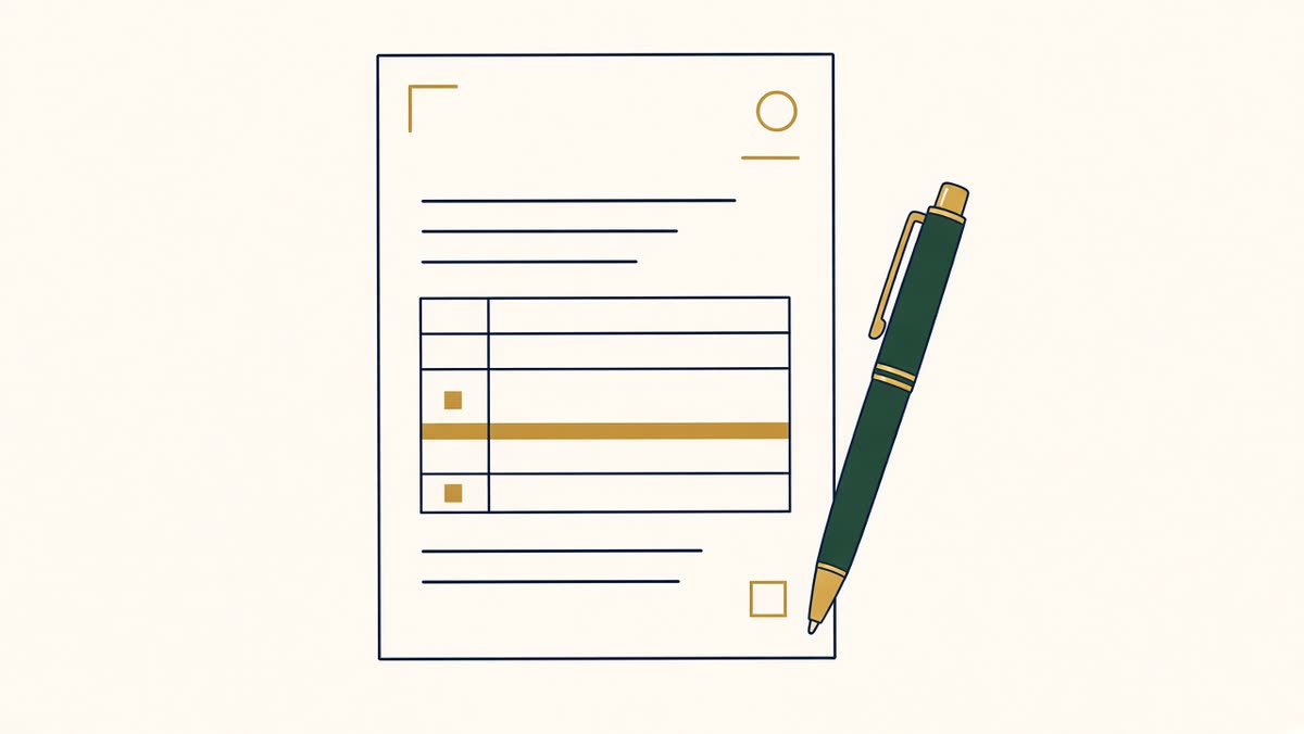 Line drawing of a finished tax return with a pen resting beside it.