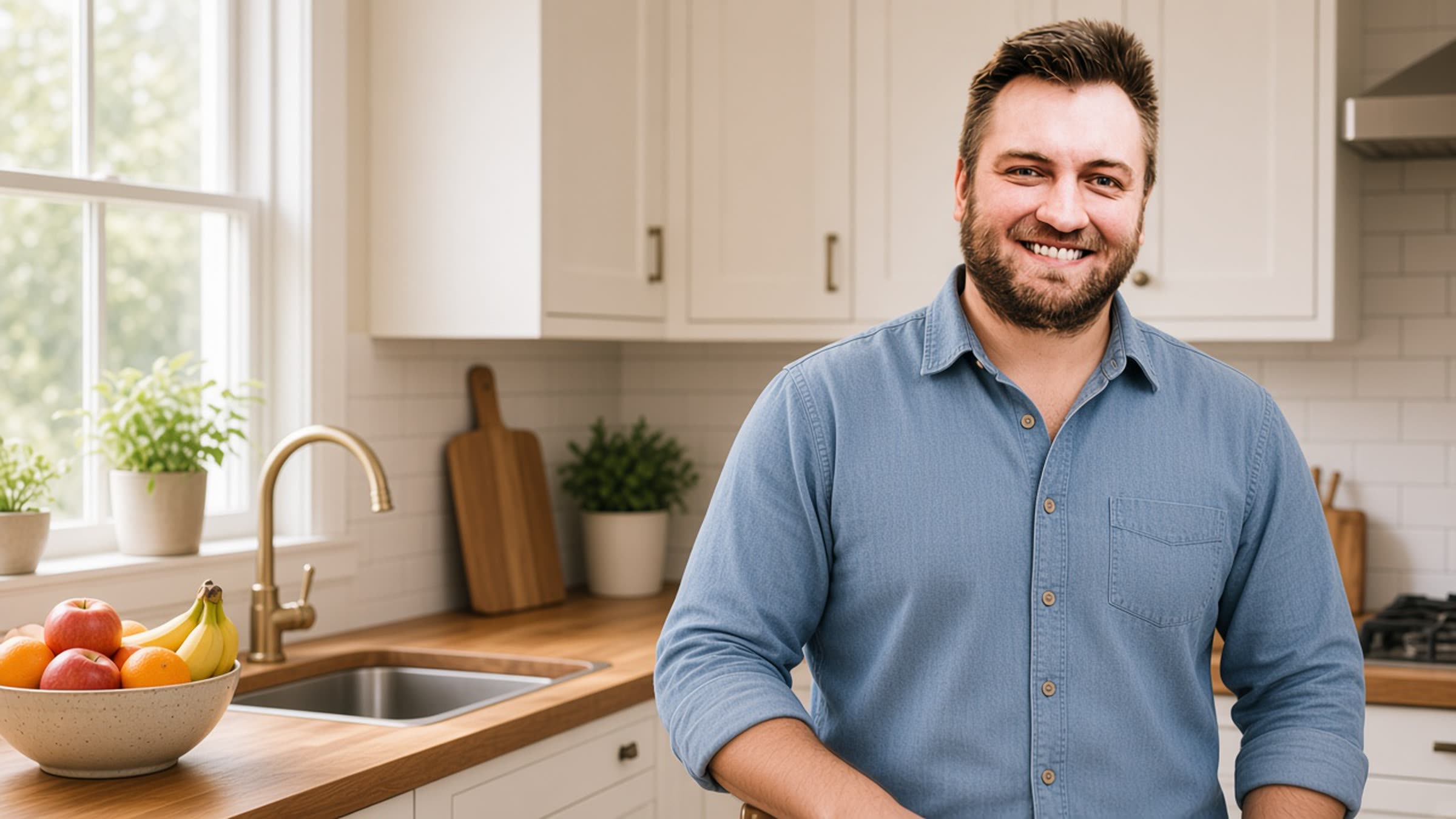 A smiling contractor standing beside finished white kitchen cabinets in a Santa Clarita home.