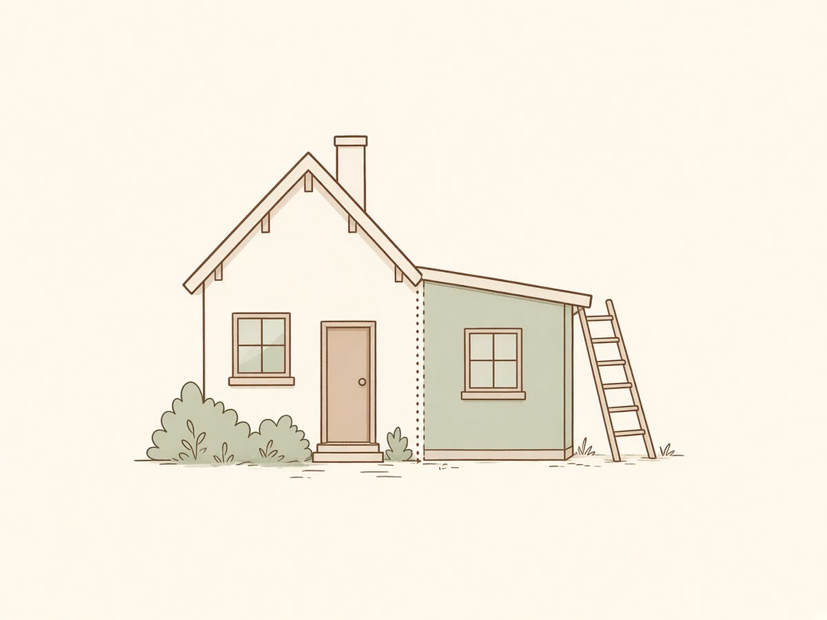 Line drawing of a house with a new side addition.