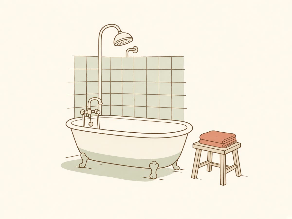 Line drawing of a bathtub with a shower head and tile wall.