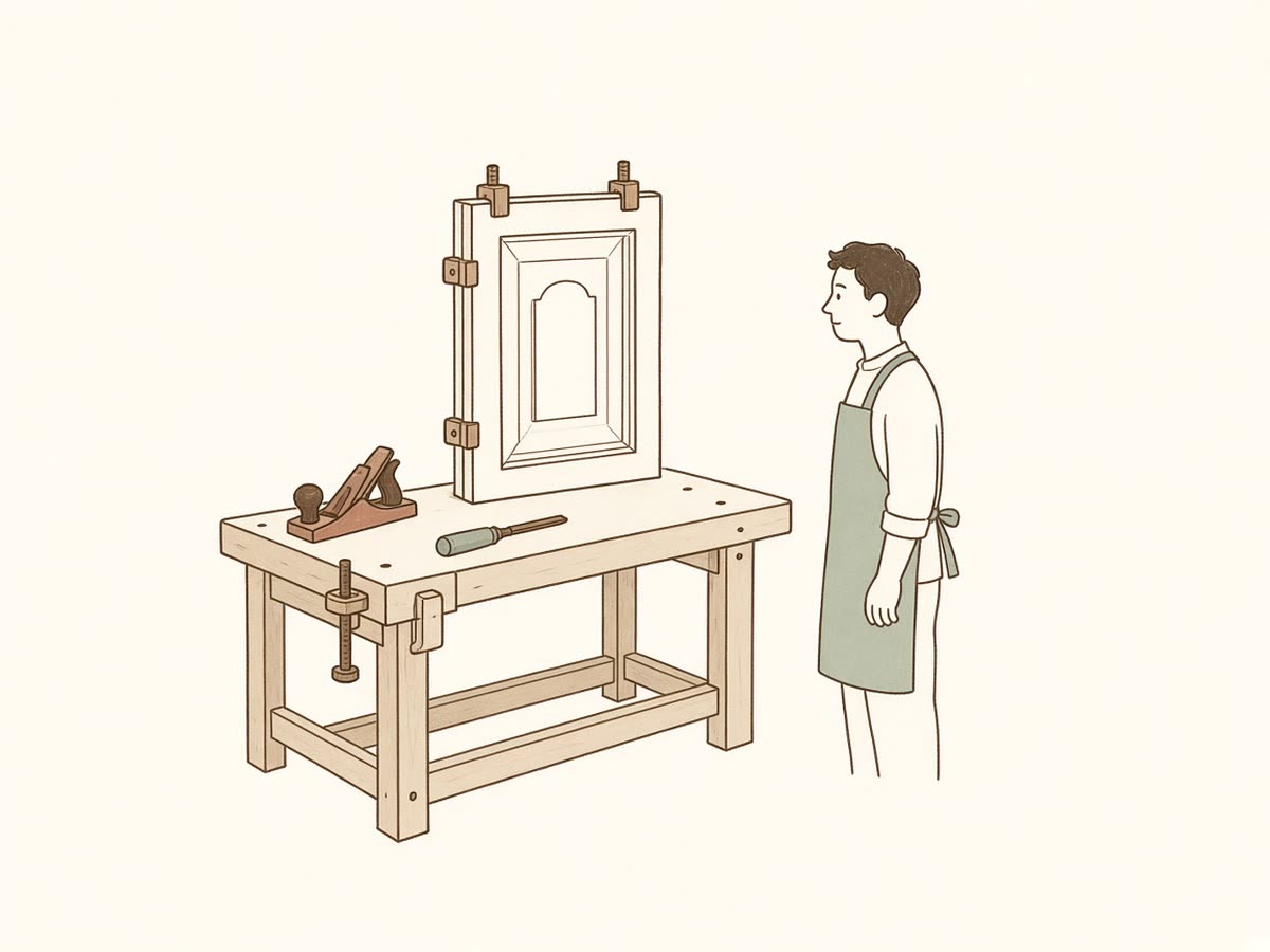 Line drawing of a cabinetmaker's chisel and cabinet door.