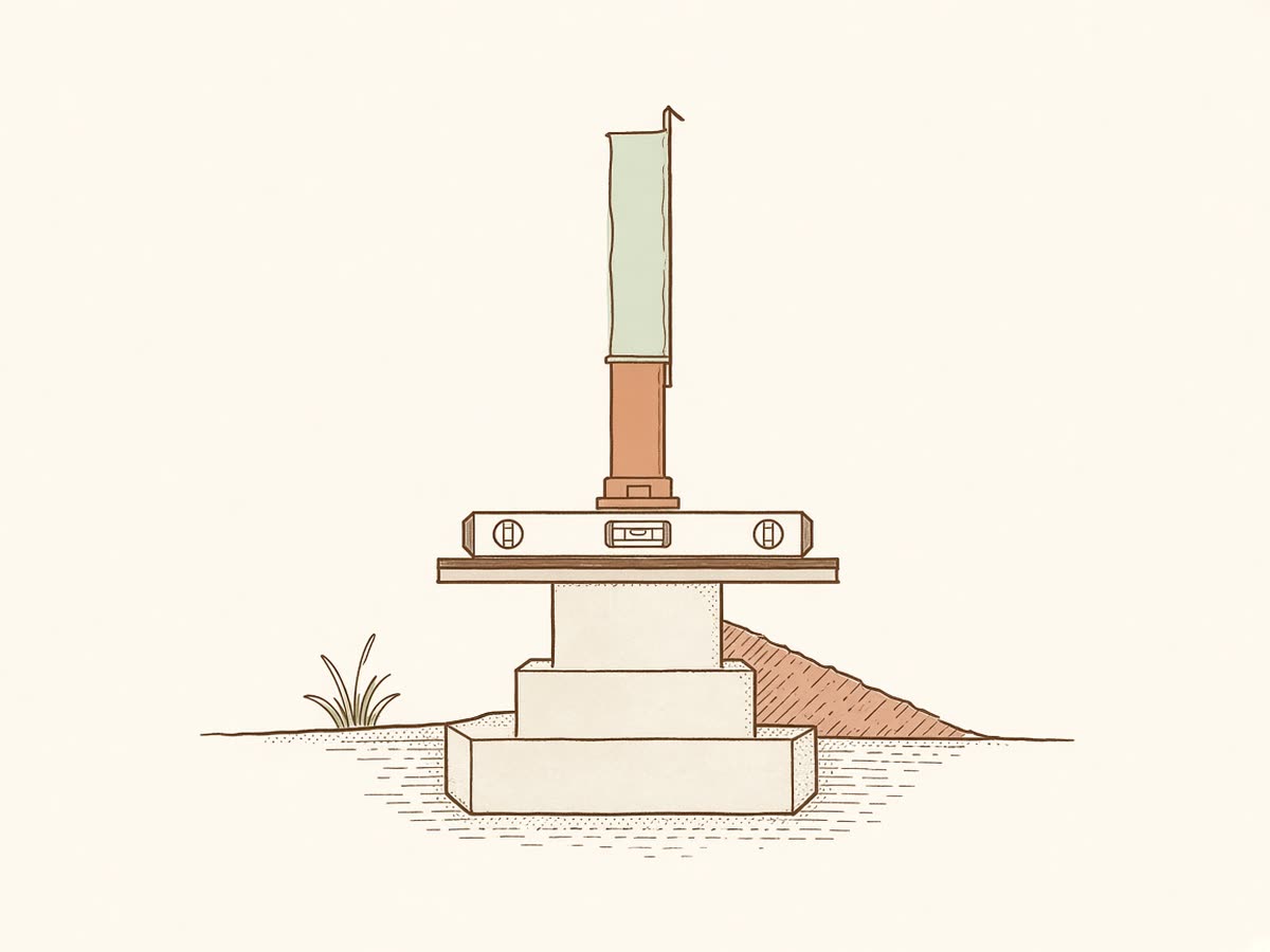 Line drawing of a house foundation with a level.