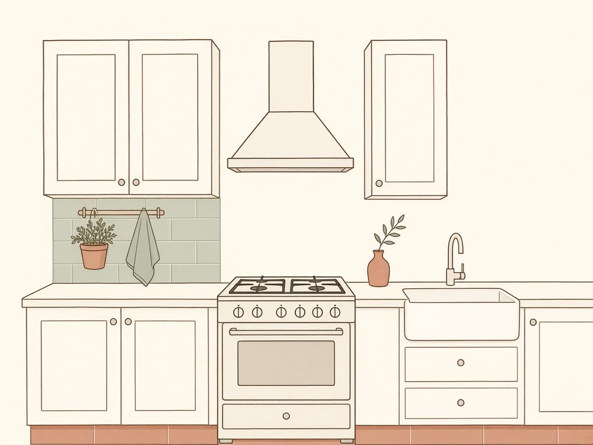Line drawing of a kitchen with wall cabinets and a range.