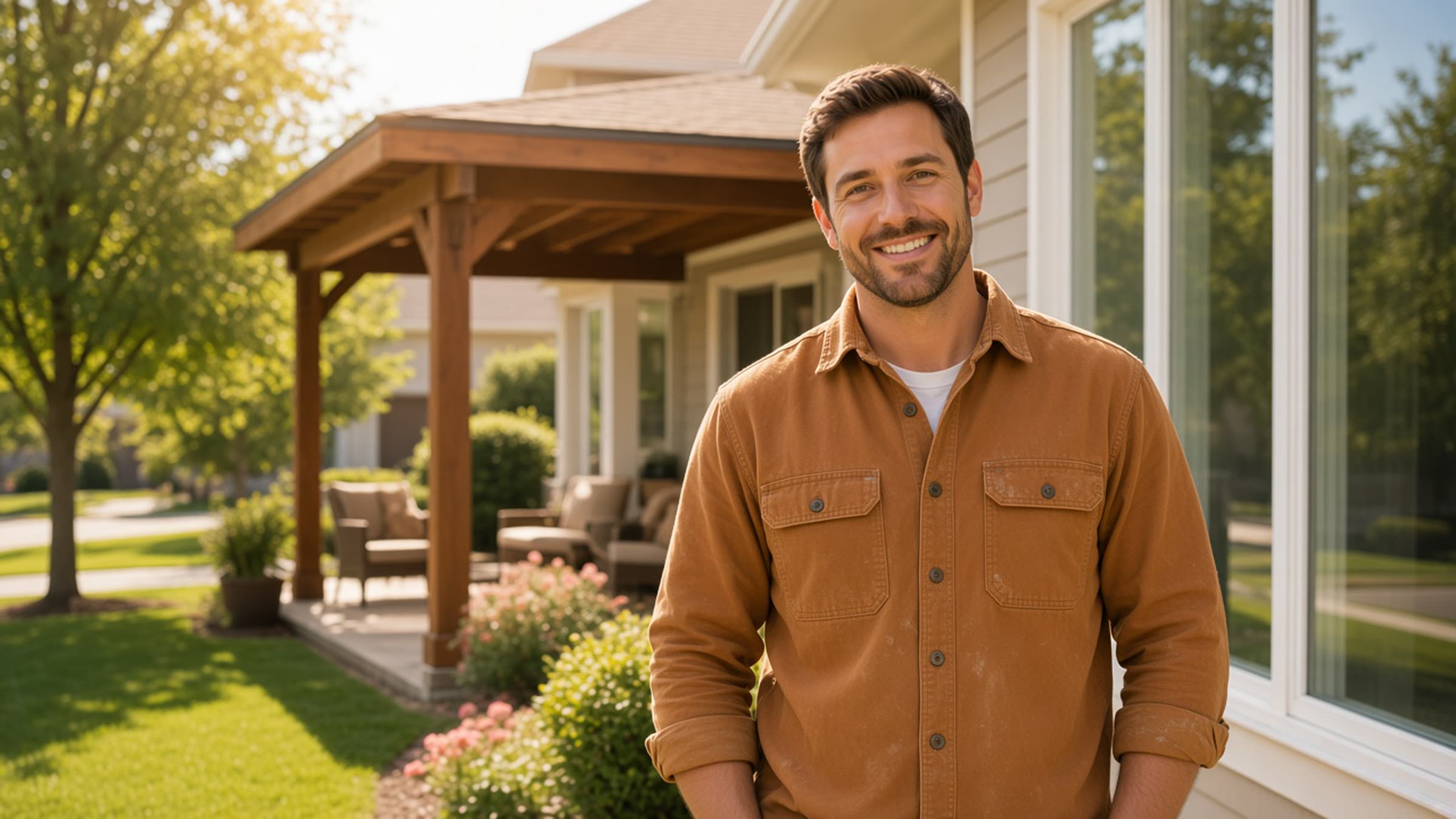 Carpenter standing beside a finished wooden patio cover in a Northridge backyard.