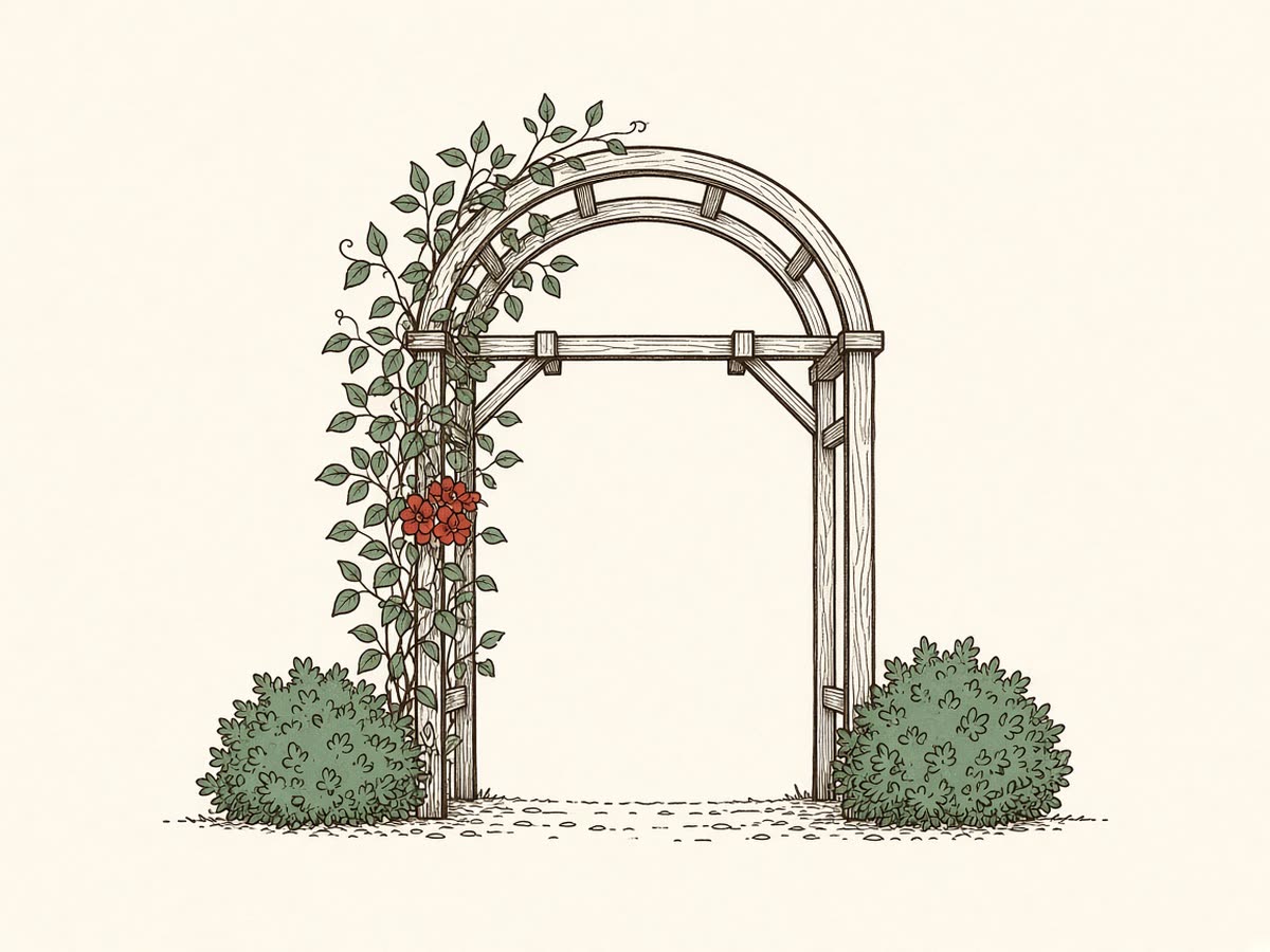 Line drawing of a garden arbor over a path.