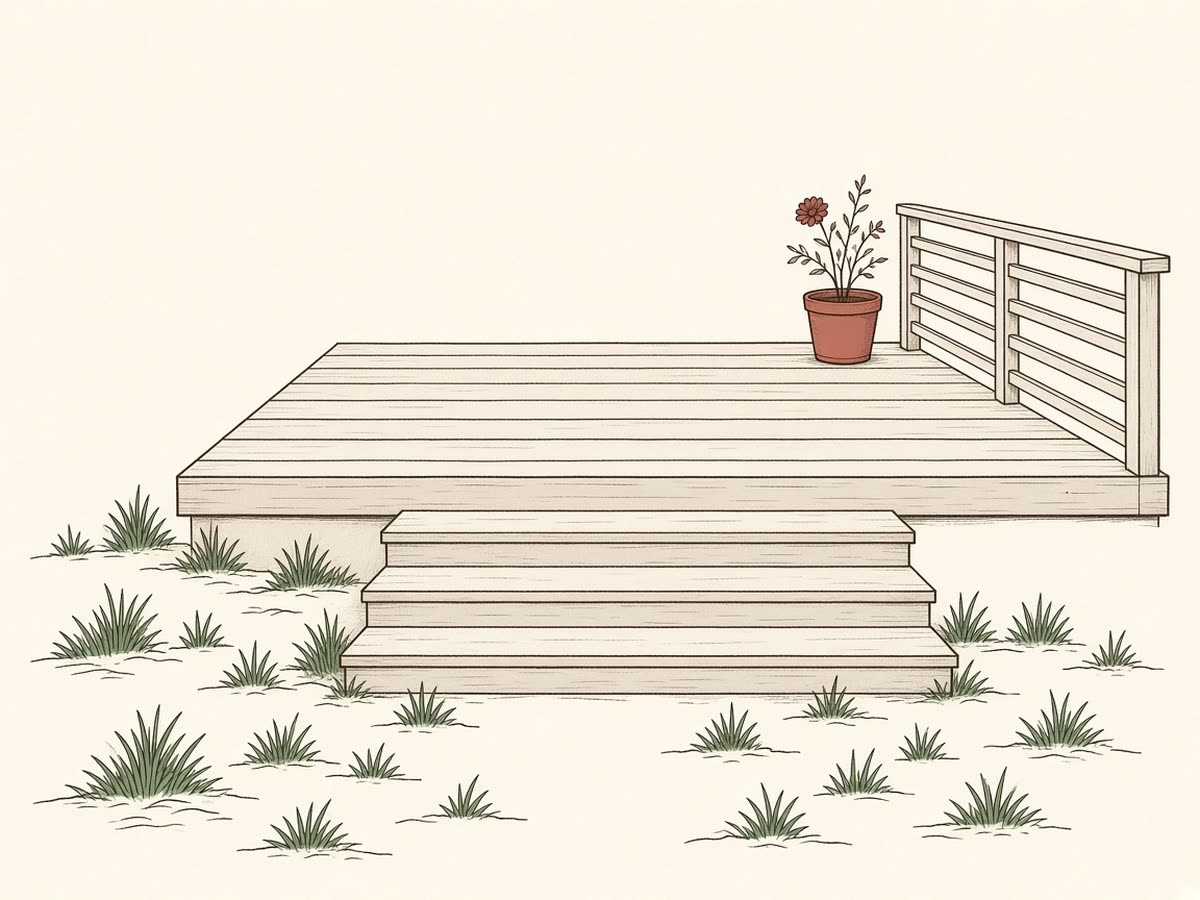 Line drawing of a wooden deck with steps and a railing.