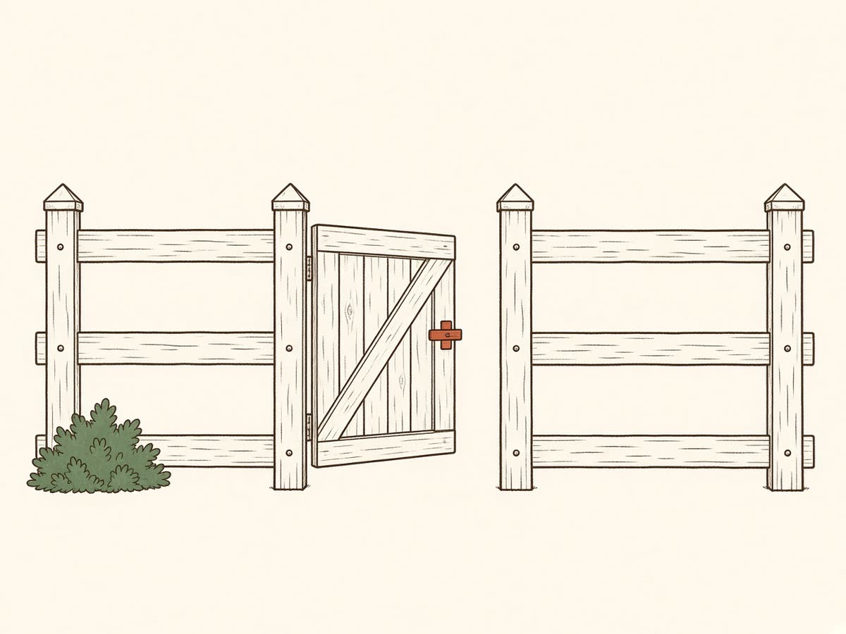 Line drawing of a wooden fence with a gate.
