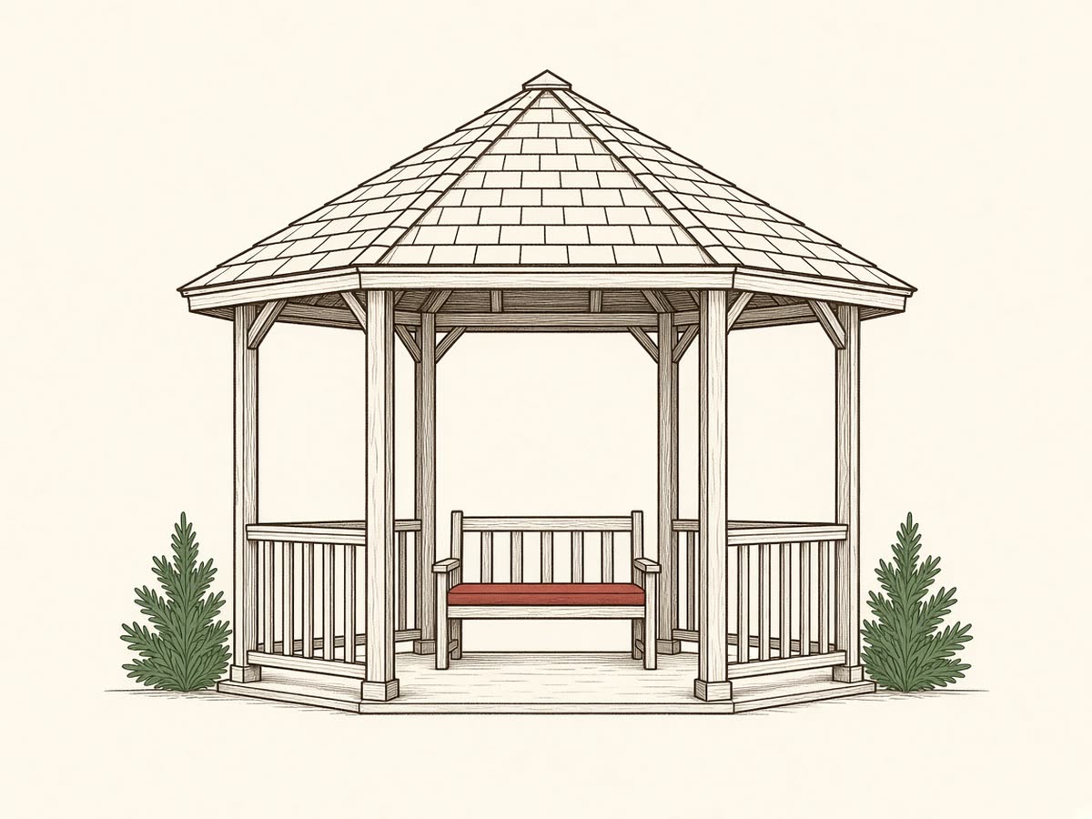 Line drawing of a freestanding gazebo with a peaked roof.