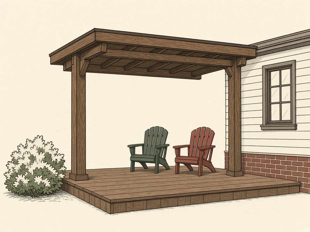 Line drawing of a solid patio cover attached to a house.