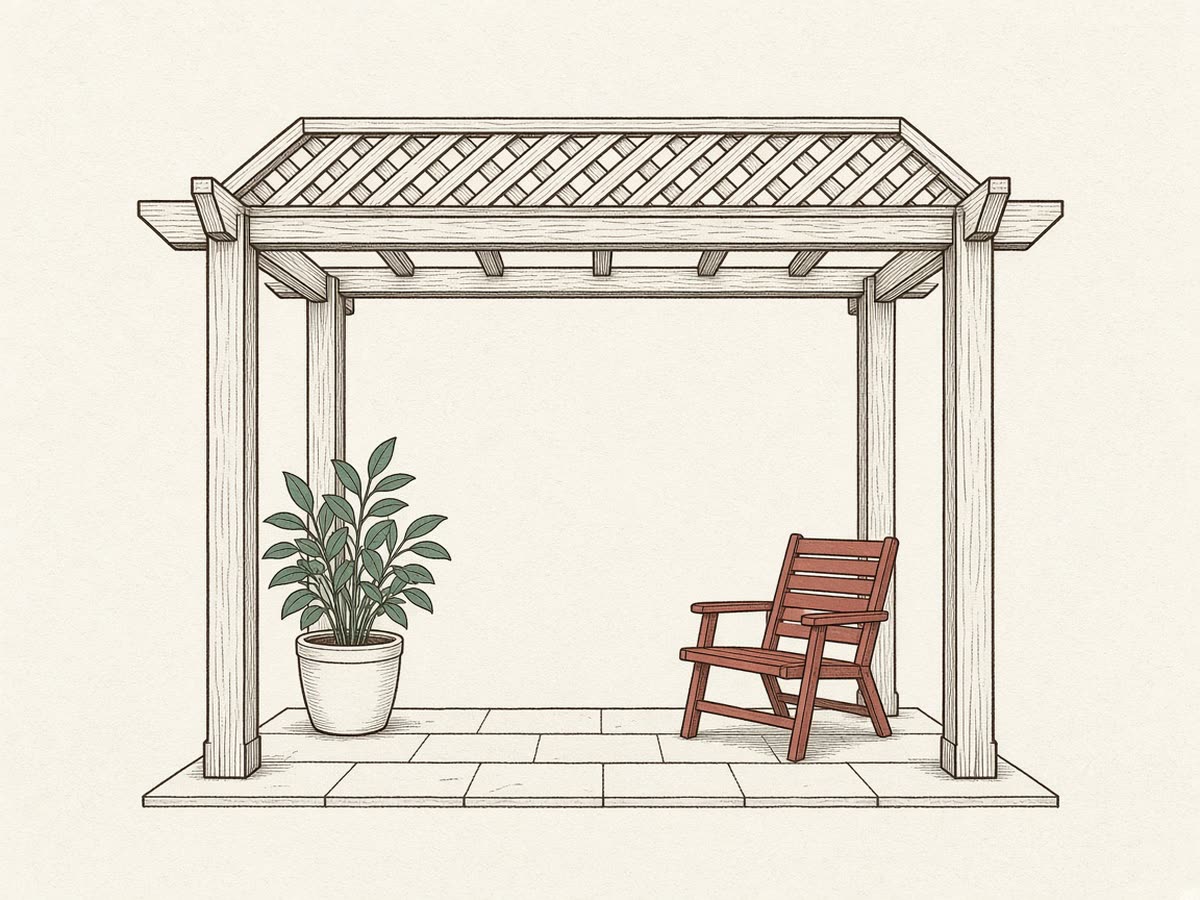 Line drawing of an open-beam pergola over a patio.