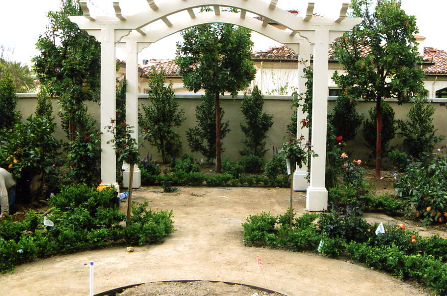 A white freestanding garden arbor framed in painted wood.