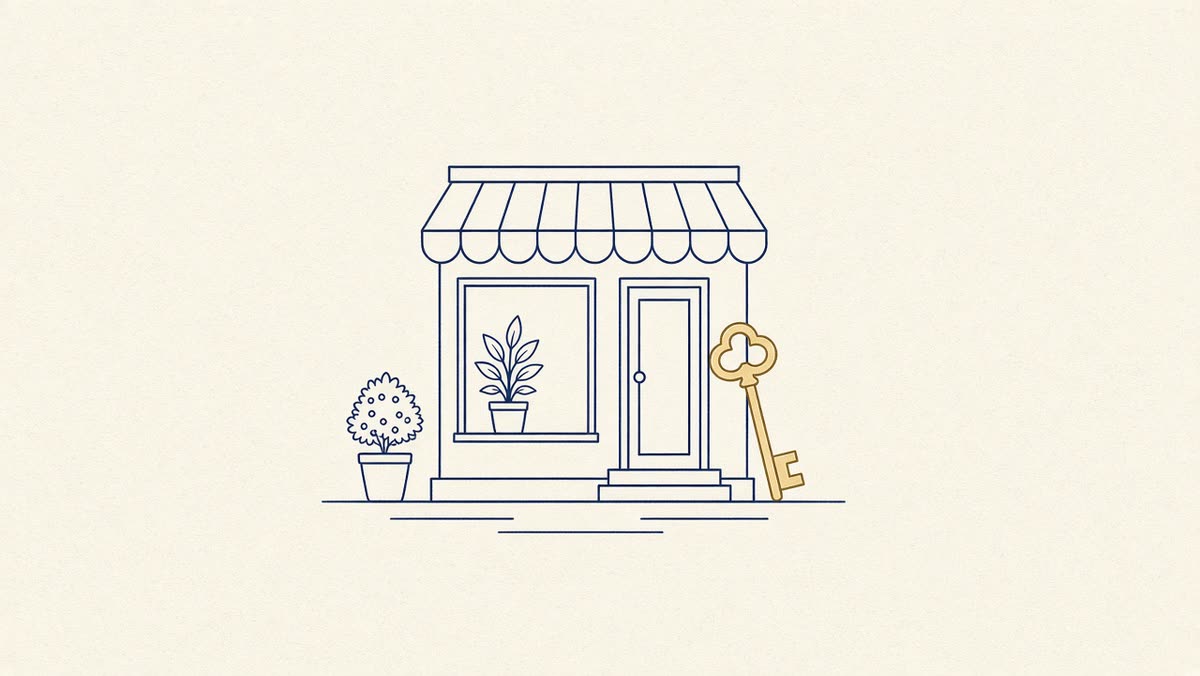 Line drawing of a storefront with a key
