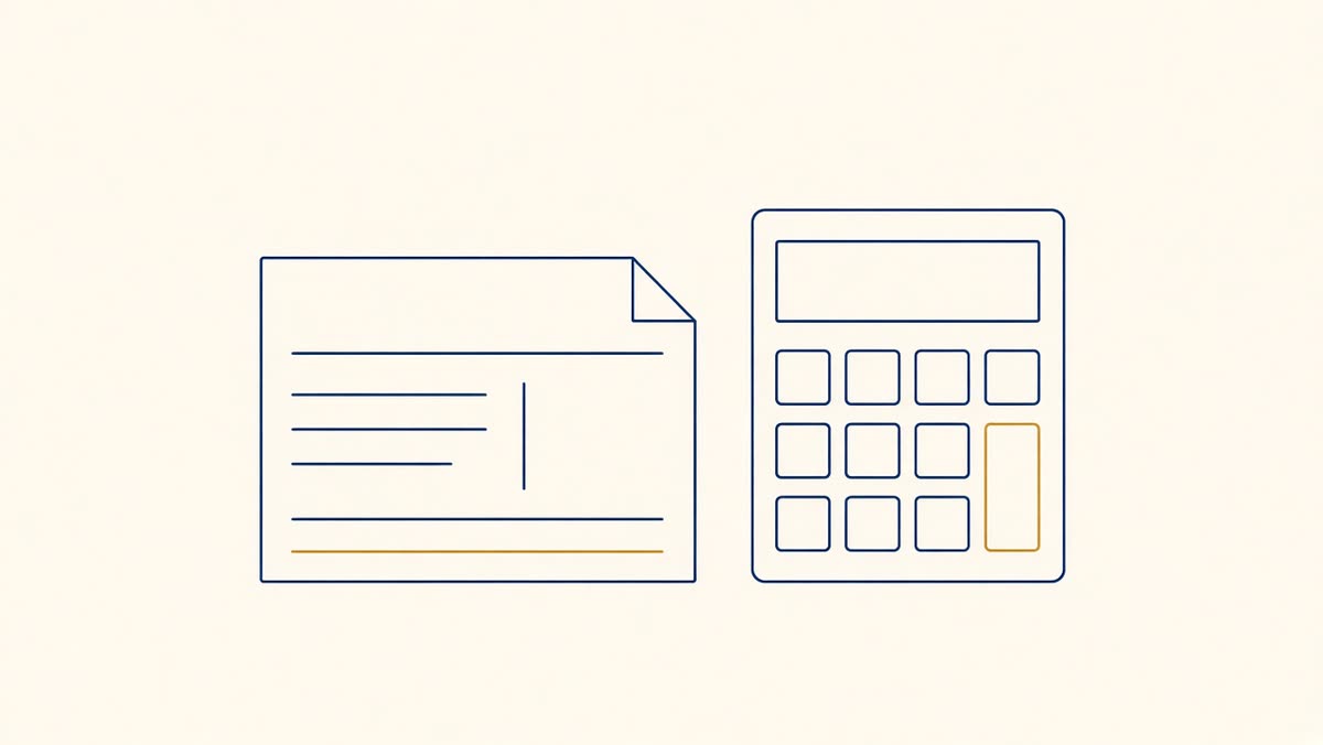 Line drawing of a paycheck and calculator