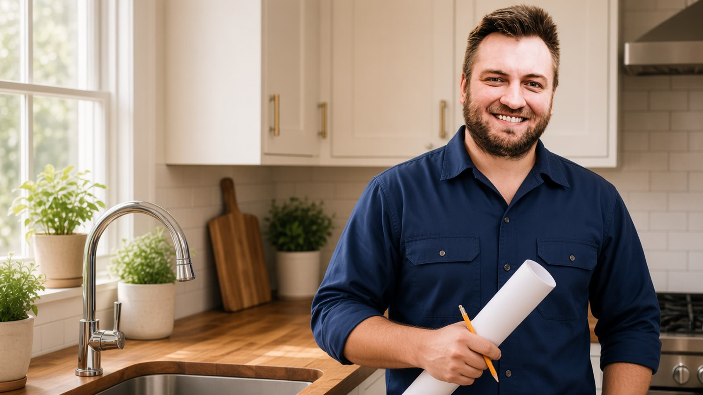 A smiling remodeler in a navy shirt holding house plans in a finished kitchen with new shaker cabinets, brass pulls, and a chrome faucet.