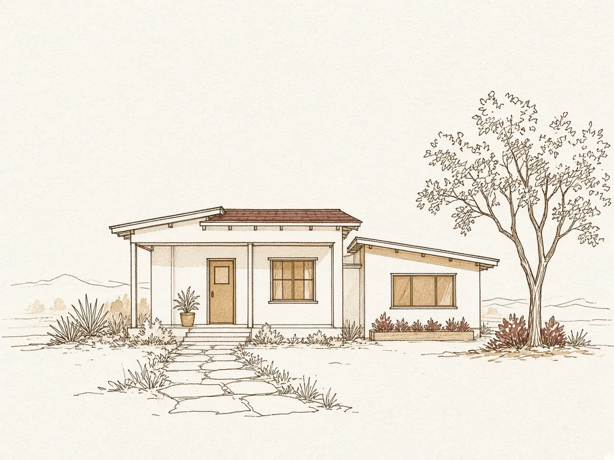 Line drawing of a small house with a new side addition, a tree, and a stone path.