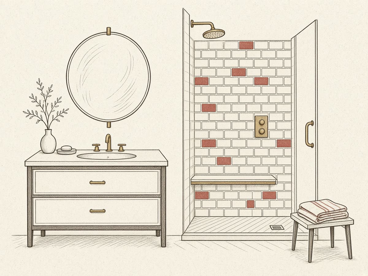 Line drawing of a bathroom vanity with a round mirror beside a tiled walk-in shower.