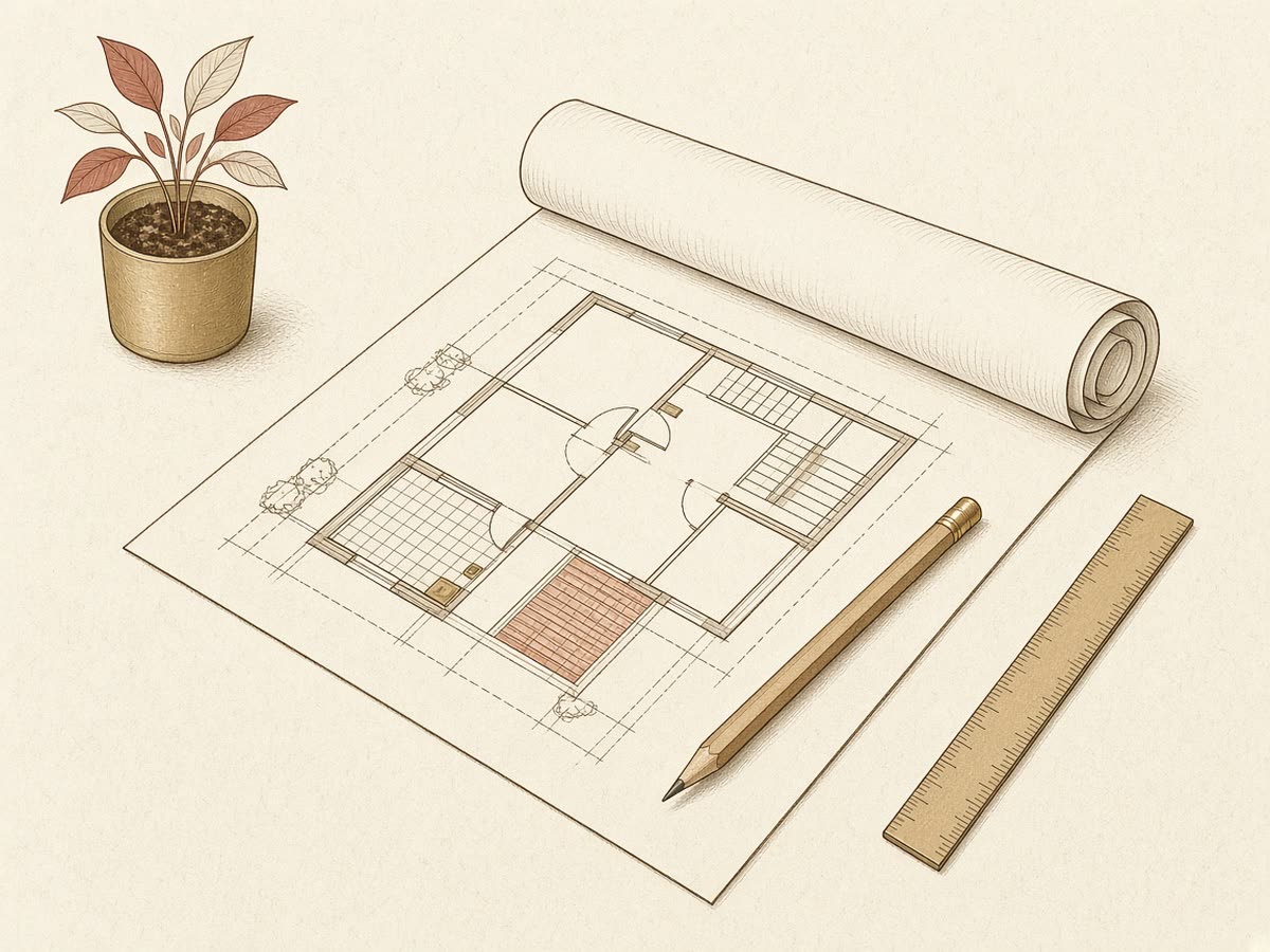 Line drawing of an unrolled house plan with a pencil, a ruler, and a potted plant.