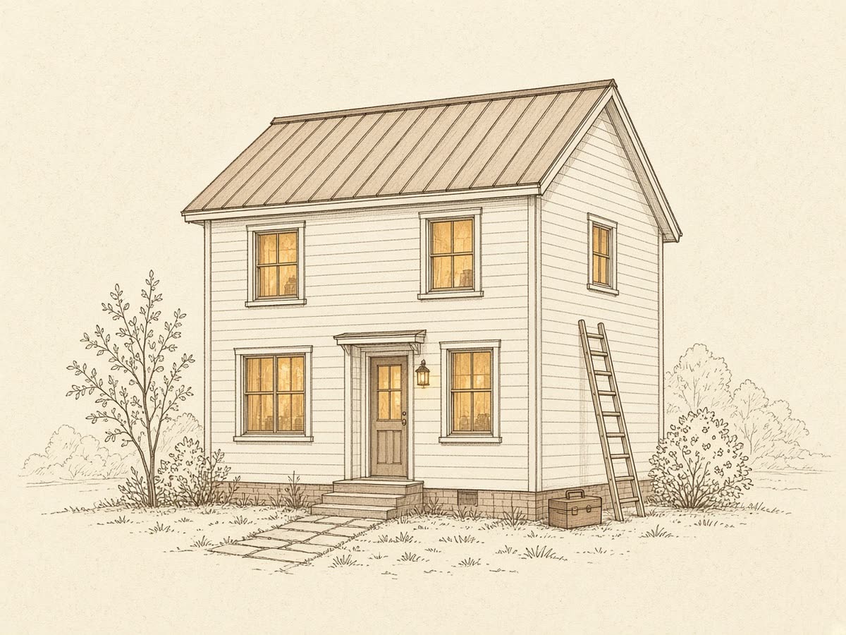 Line drawing of a two-story house with glowing windows, a ladder, and a toolbox by the wall.