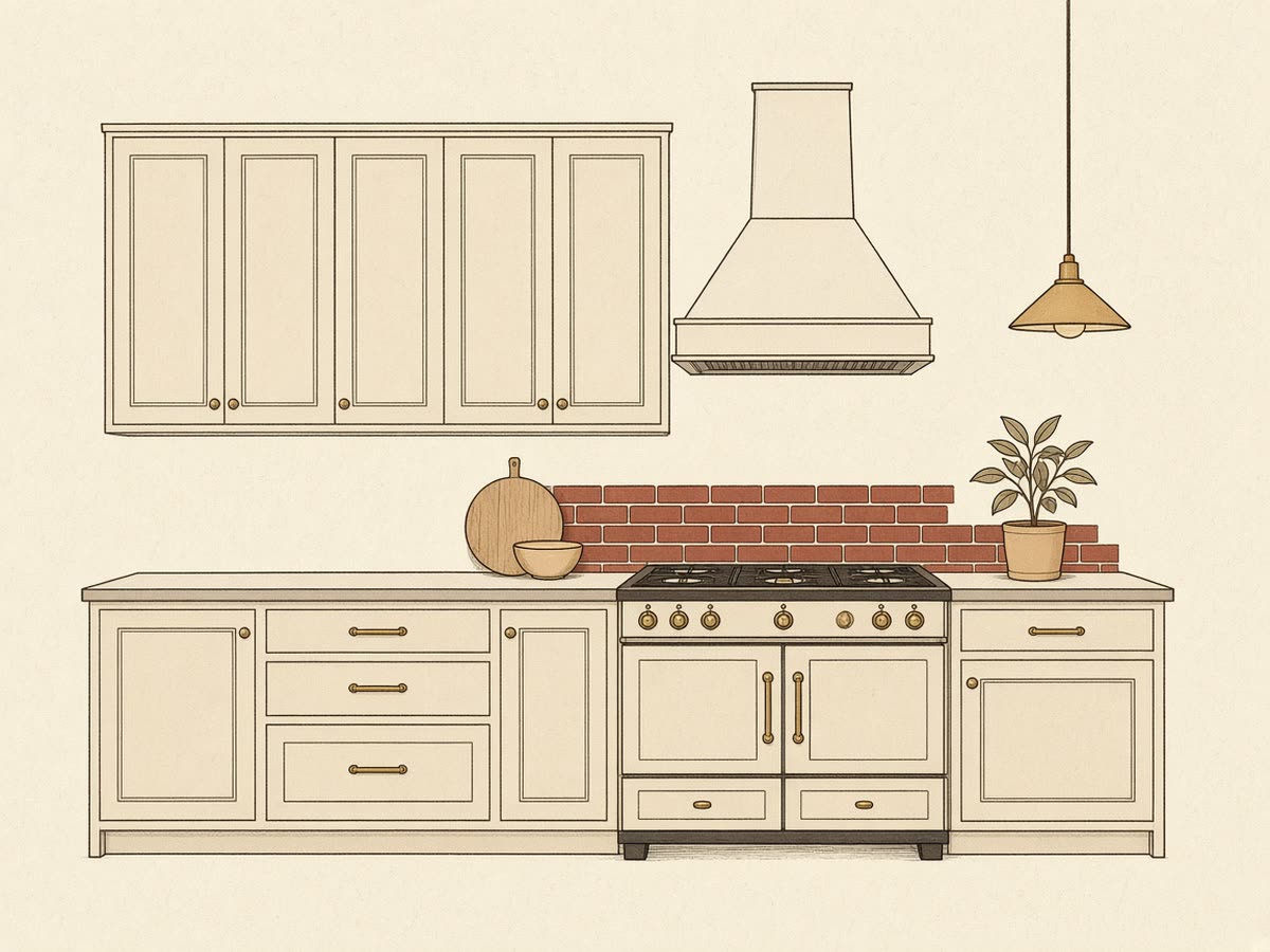 Line drawing of a kitchen with shaker cabinets, a range cooker with a hood, and a hanging lamp.