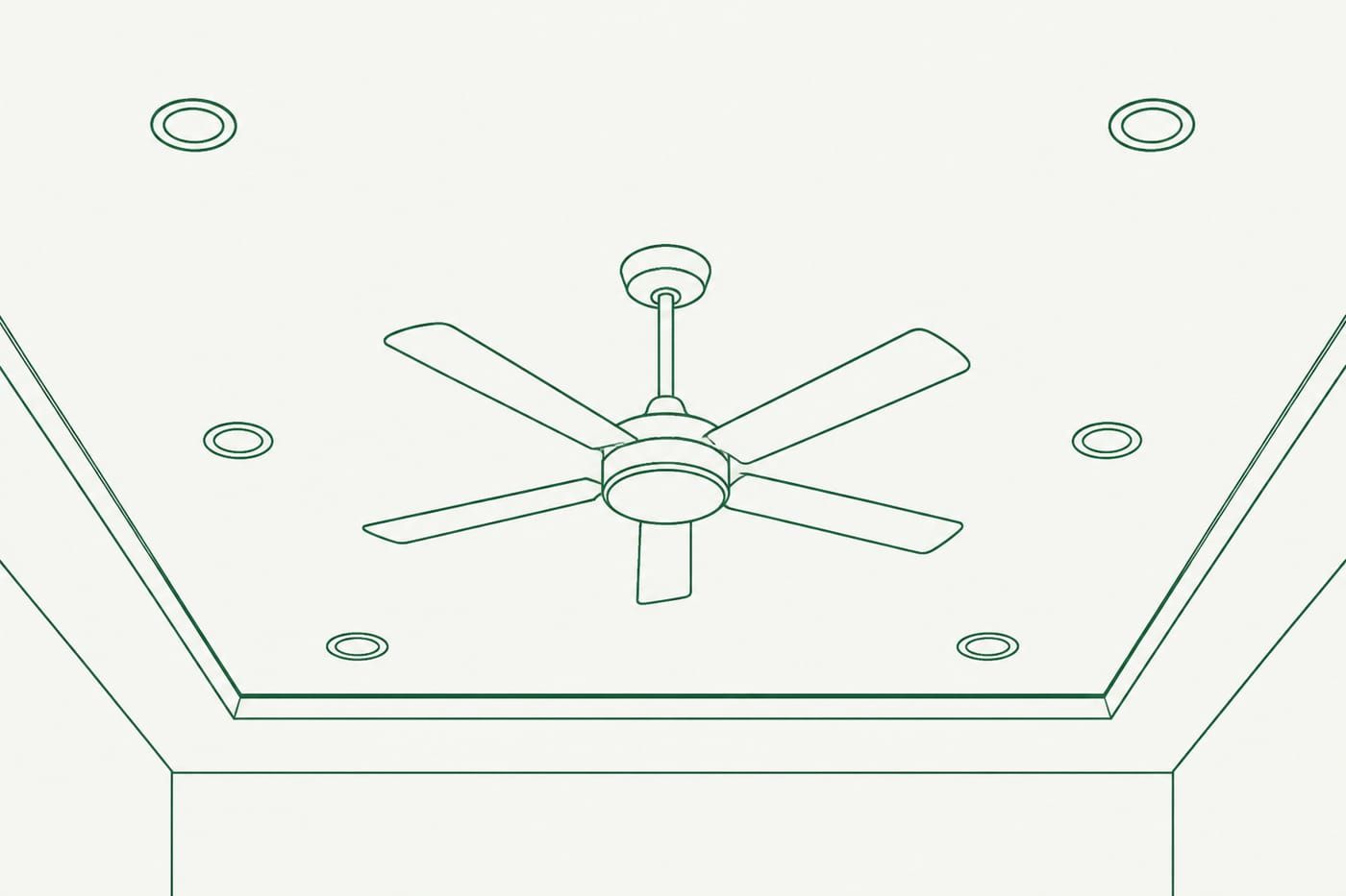 Diagram of recessed lights and a ceiling fan.