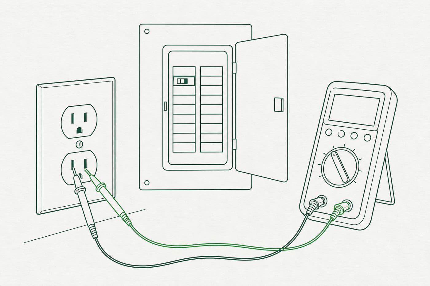 Diagram of an outlet test with a multimeter.