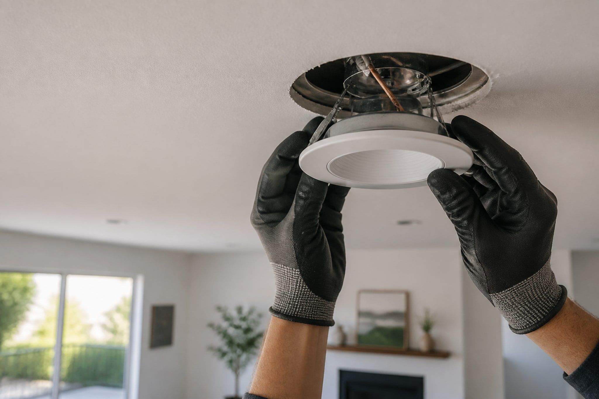Gloved hands seating a recessed light into a finished ceiling.