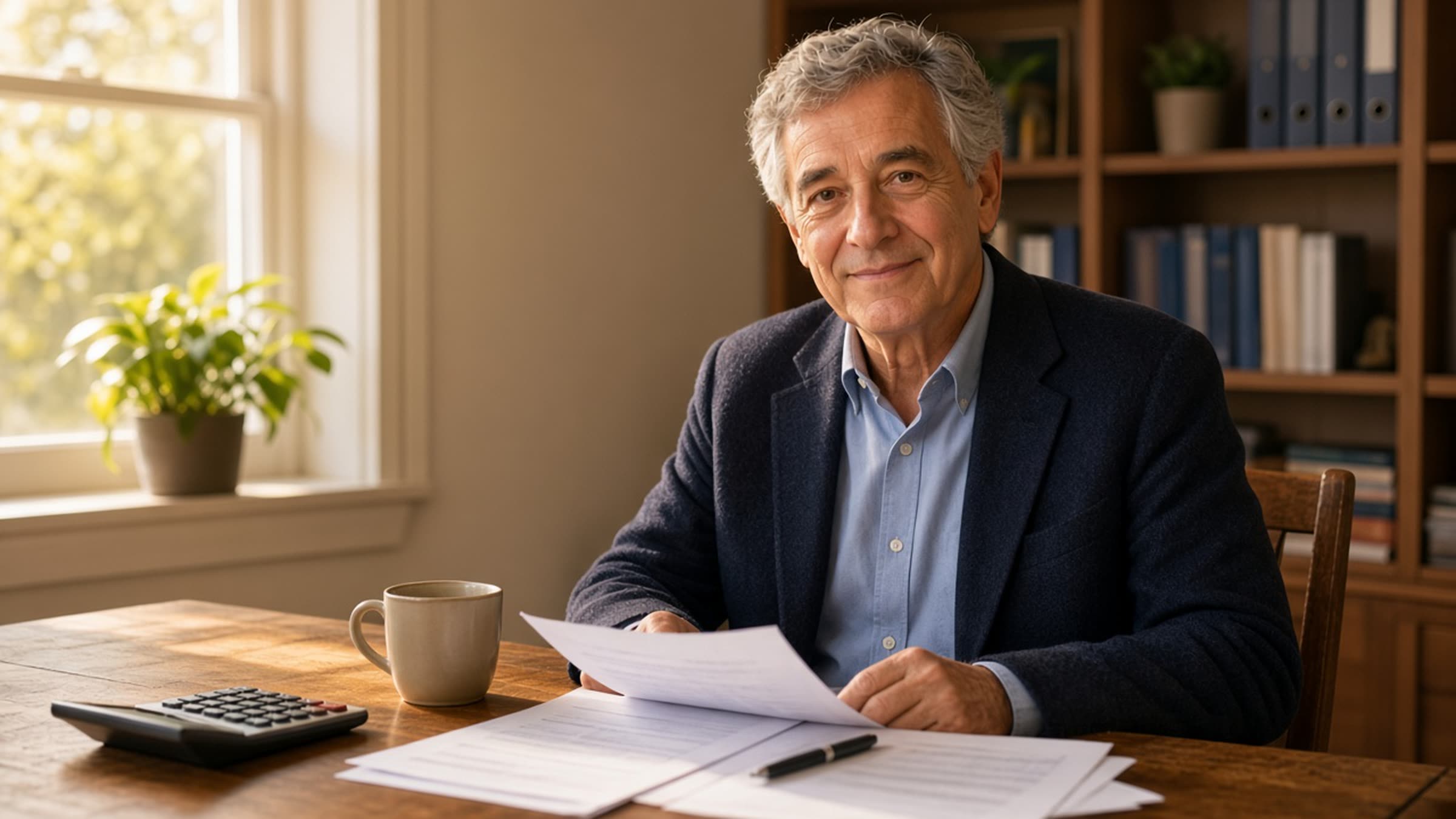 A Calabasas CPA meeting a small business owner across a desk with tax papers in order.