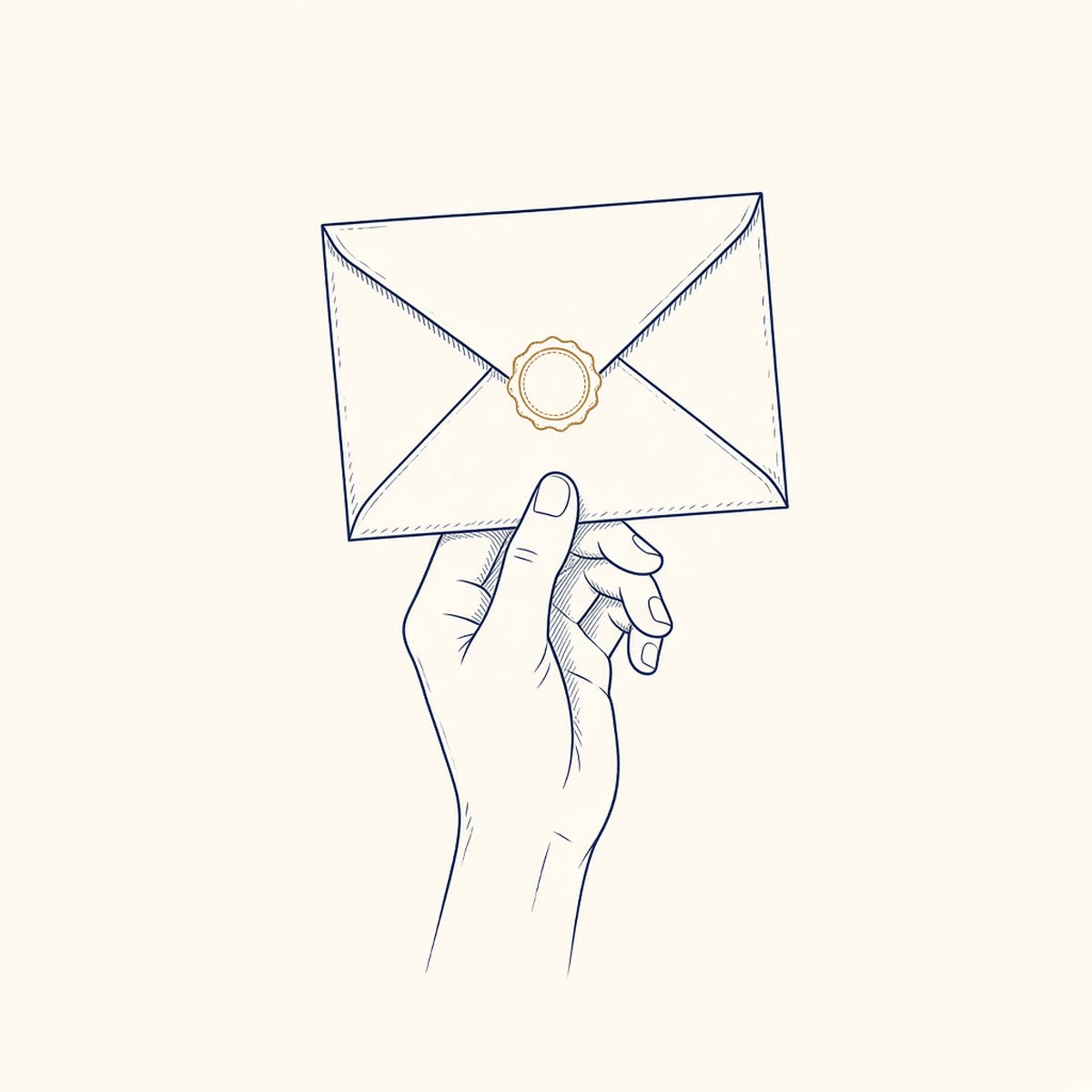 Line drawing of an official letter with a steady hand holding it up.