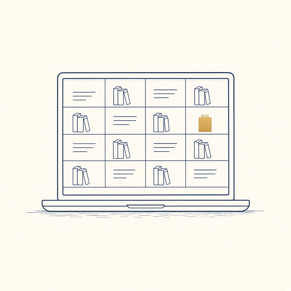 Line drawing of a laptop showing a tidy set of books.