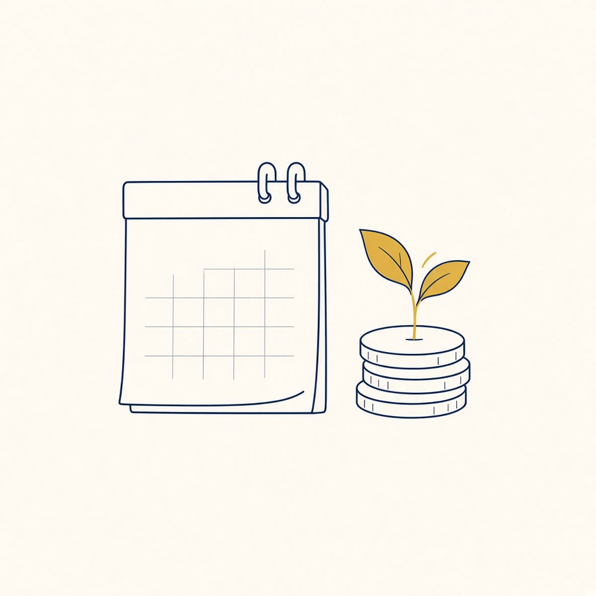 Line drawing of a calendar page beside a growing coin stack.