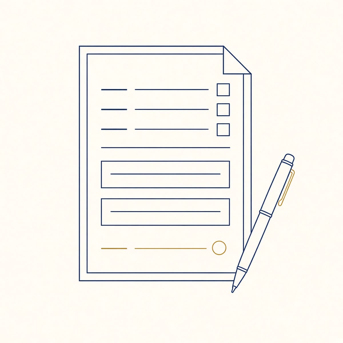 Line drawing of a completed tax return with a pen resting beside it.