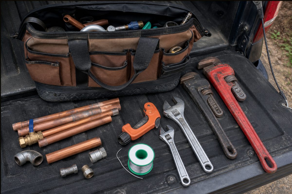 Plumbing tools and copper fittings laid out on a truck tailgate.