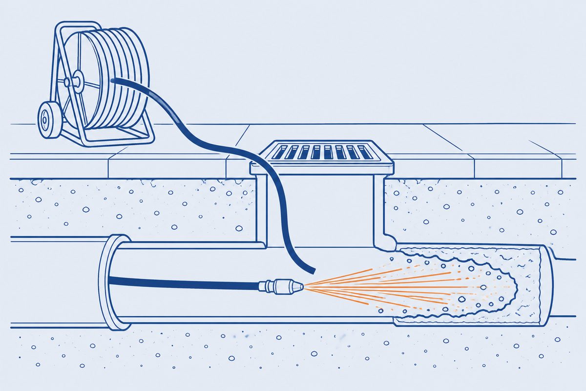 Line diagram of a hydro-jetting hose clearing a sewer line.