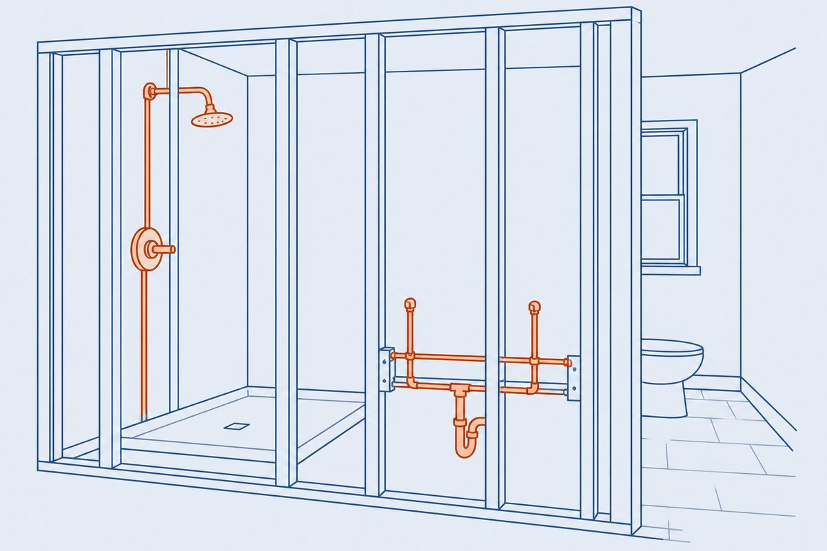 Line diagram of bathroom plumbing rough-in for a remodel.