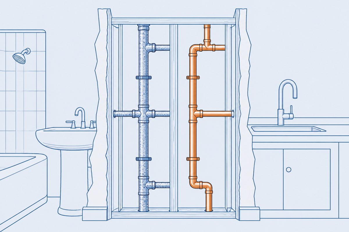 Line diagram of a home repipe with copper lines.