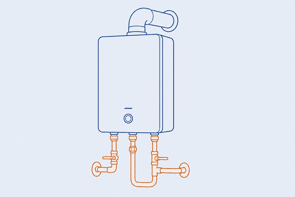 Line diagram of a tankless water heater install.