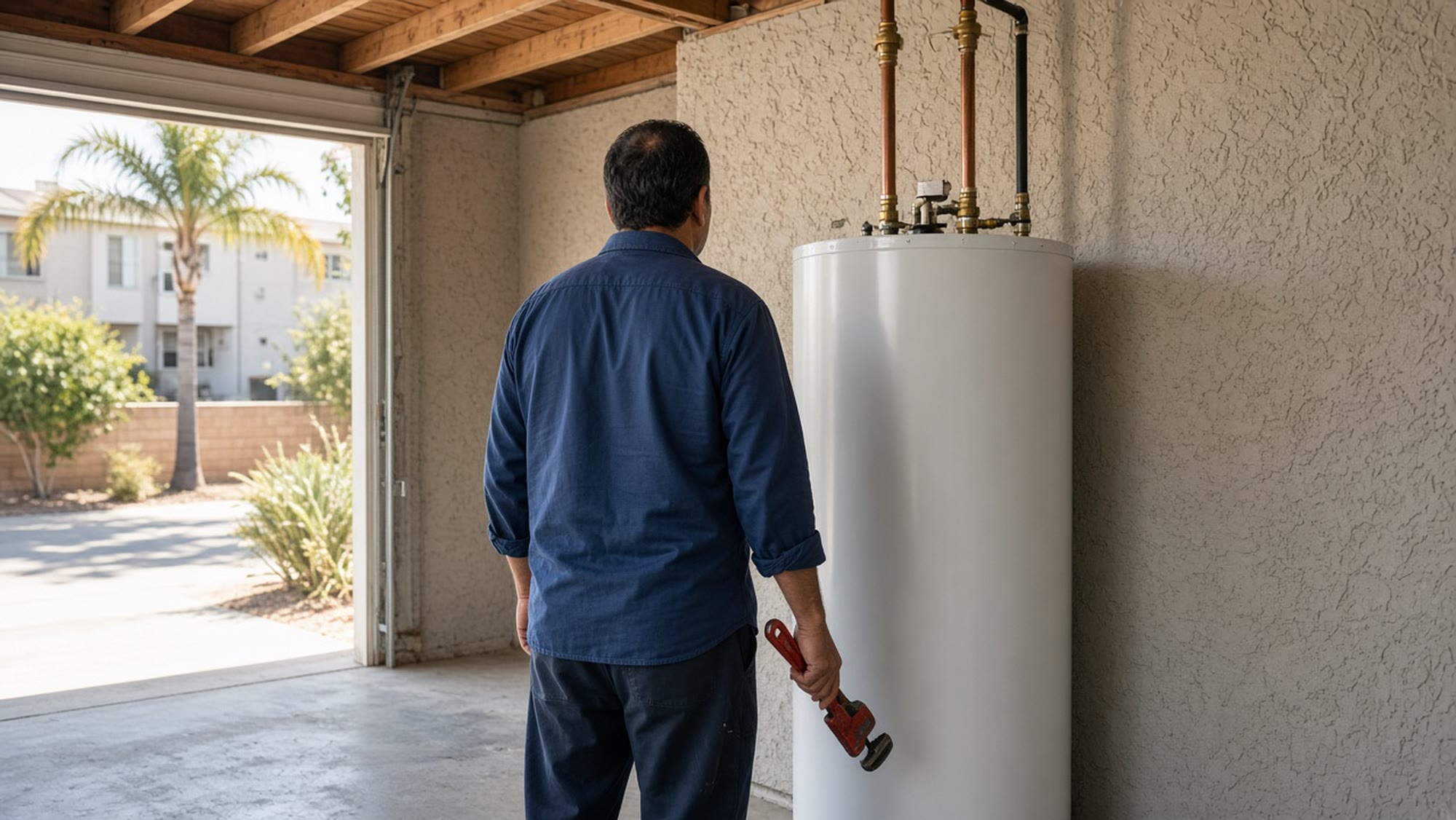 Plumber standing beside a newly installed water heater in a Los Angeles garage.