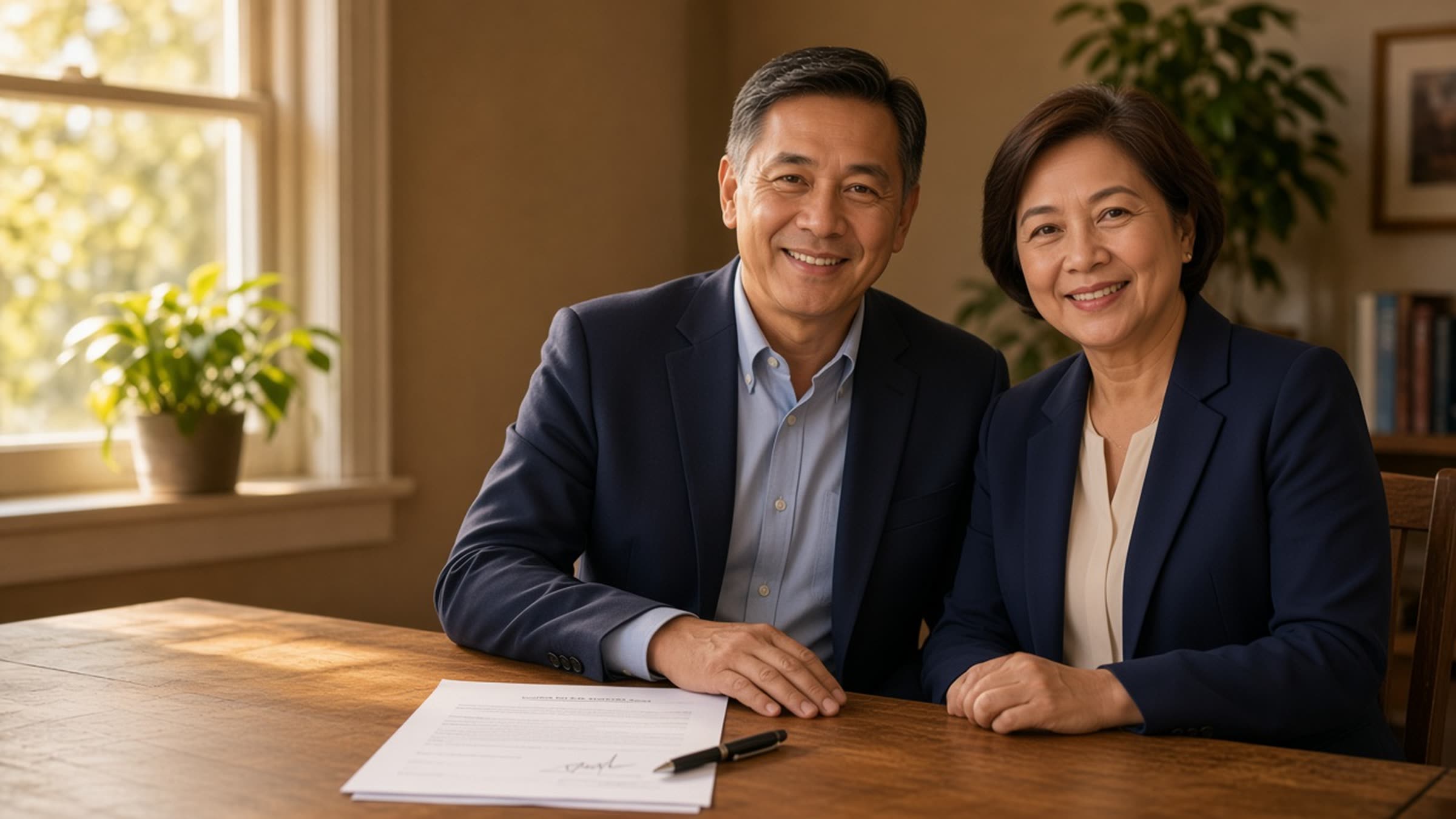 Two smiling accountants beside a signed tax return on a warm office desk.