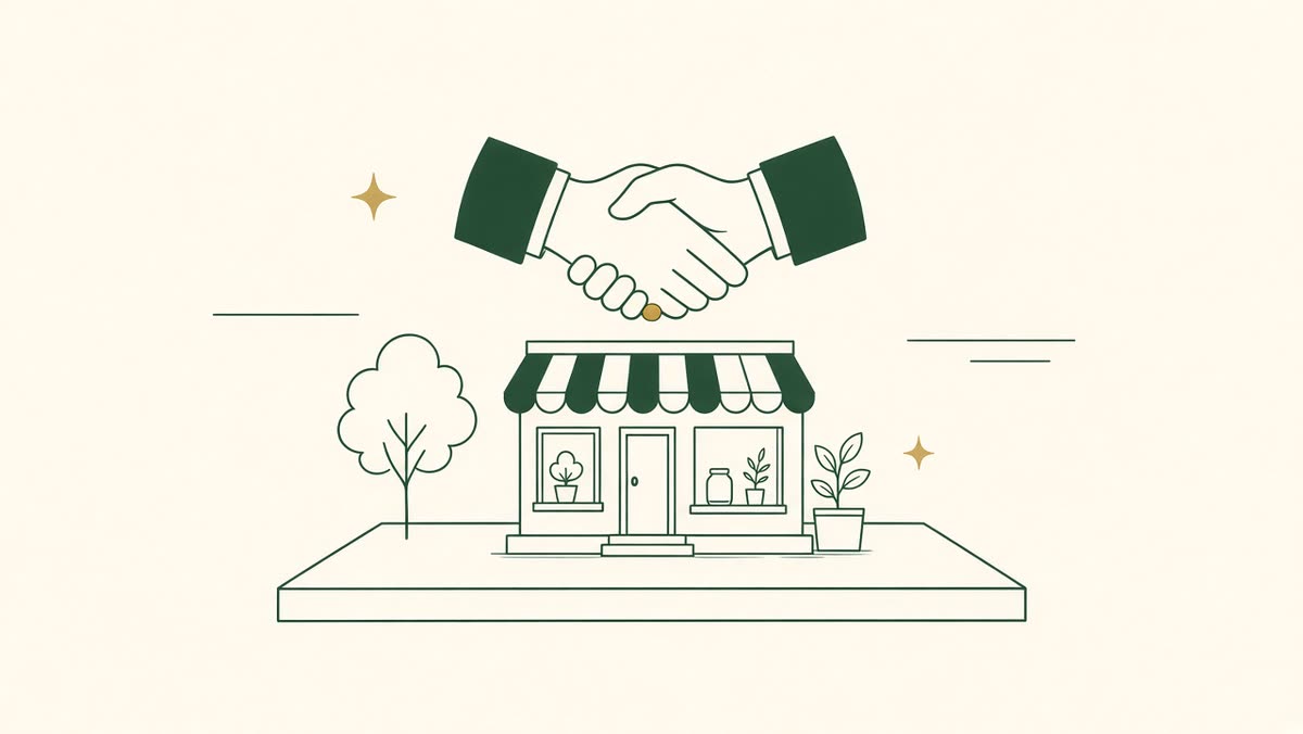 Line drawing of two people shaking hands over a desk.