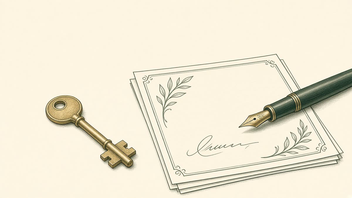 Line drawing of a house key beside a signed document.