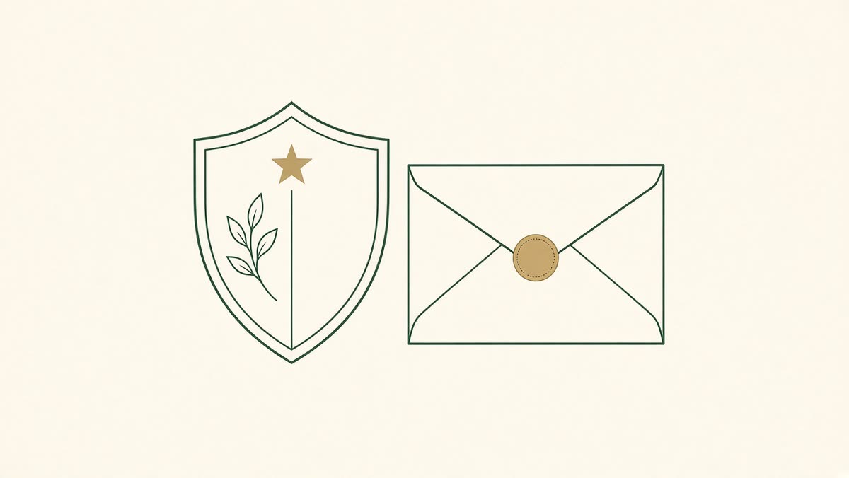 Line drawing of a shield beside an official letter.
