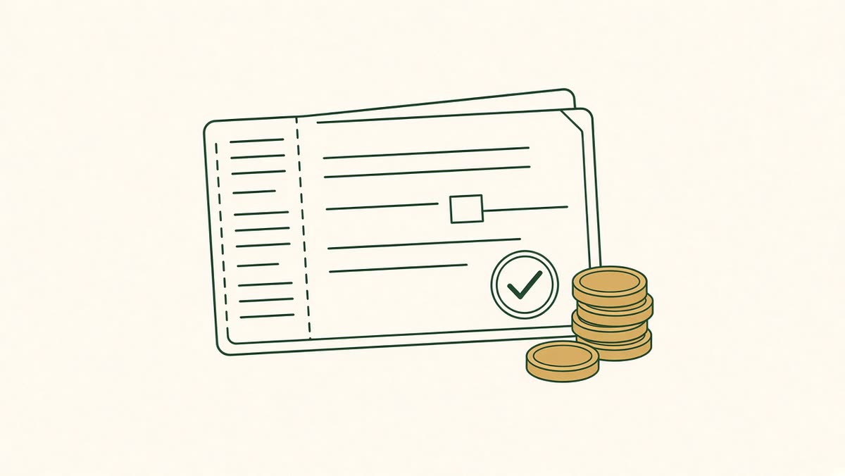 Line drawing of a pay stub with a check mark.