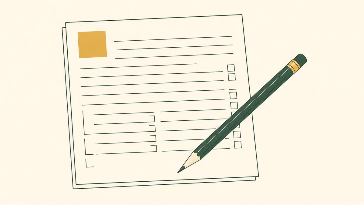 Line drawing of a tax return with a pencil resting on it.