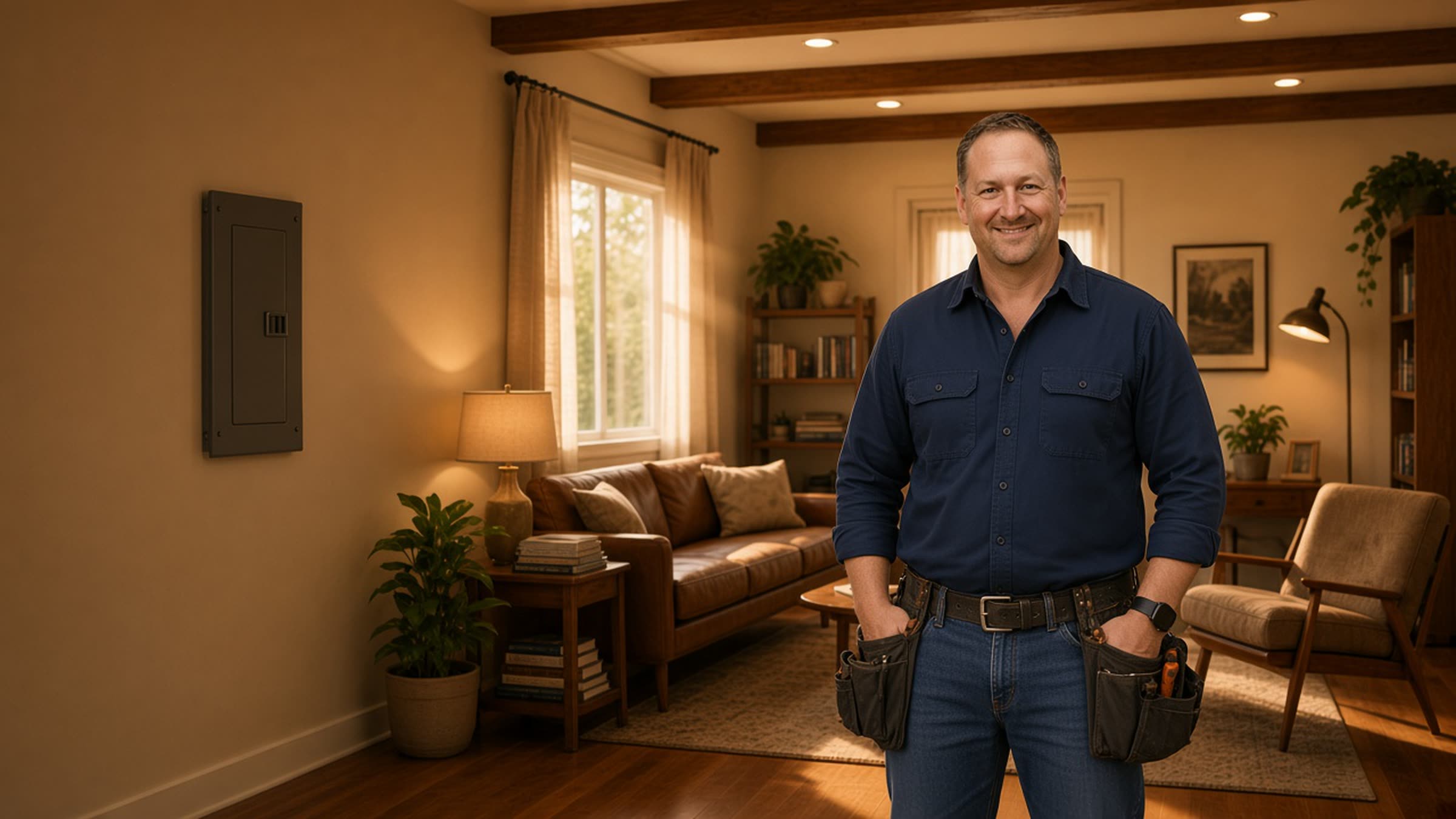 A smiling electrician standing beside a finished home electrical panel in a warm Simi Valley living room.